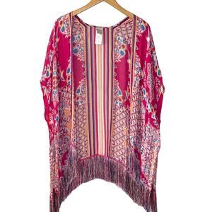 Chico's Kimono Cardigan Linen Blend Pink Floral Paisley Fringe Women's S/M